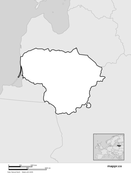 Blank political map of Lithuania showing its international borders without labels (black and white).