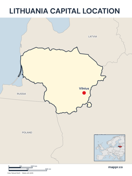 Detailed map pinpointing Vilnius, the capital of Lithuania.