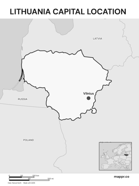 Detailed map pinpointing Vilnius, the capital of Lithuania (black and white).