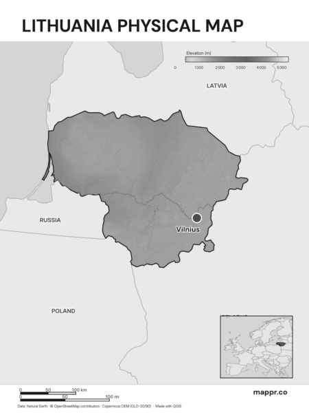 Map featuring Vilnius, the capital of Lithuania, with rich topographical detail (black and white).