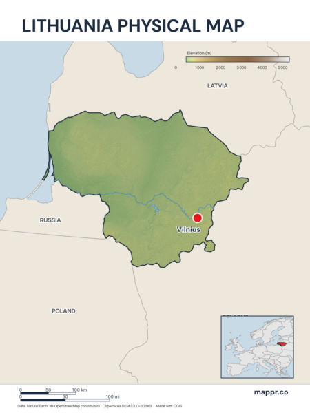 Map featuring Vilnius, the capital of Lithuania, with rich topographical detail.