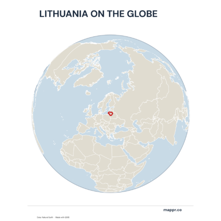 A map highlighting Lithuania's location on a globe, marked with a red outline.