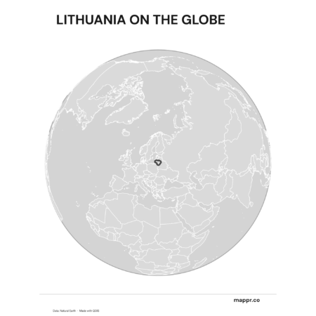 A map highlighting Lithuania's location on a globe, marked with a red outline (black and white).