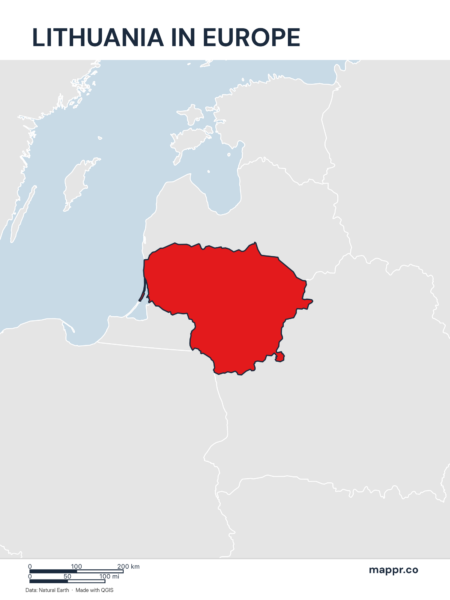 A map highlighting Lithuania's location on the european continent.