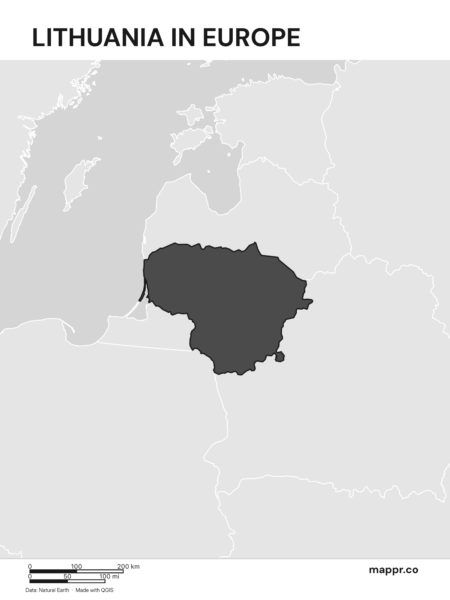 A map highlighting Lithuania's location on the european continent (black and white).