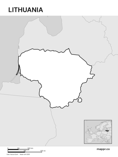 Outline map of Lithuania with detailed country borders (black and white).