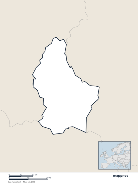 Blank political map of Luxembourg showing its international borders without labels.