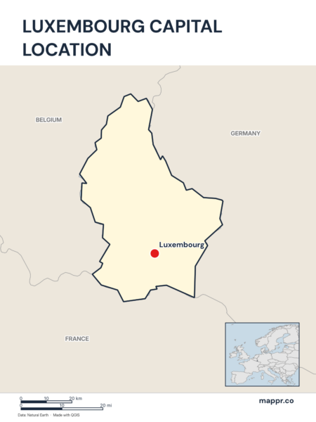 Detailed map pinpointing Luxembourg, the capital of Luxembourg.