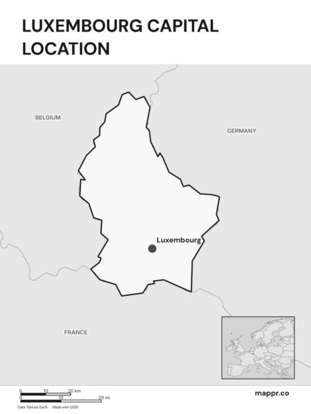 Detailed map pinpointing Luxembourg, the capital of Luxembourg (black and white).