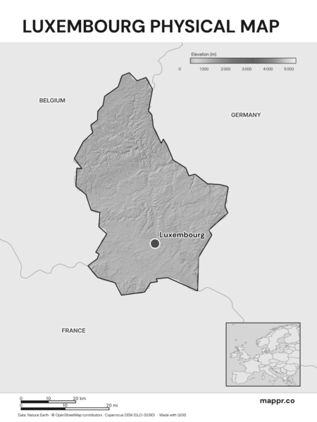 Map featuring Luxembourg, the capital of Luxembourg, with rich topographical detail (black and white).