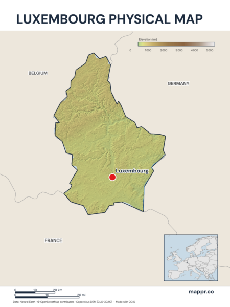 Map featuring Luxembourg, the capital of Luxembourg, with rich topographical detail.