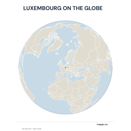 A map highlighting Luxembourg's location on a globe, marked with a red outline.