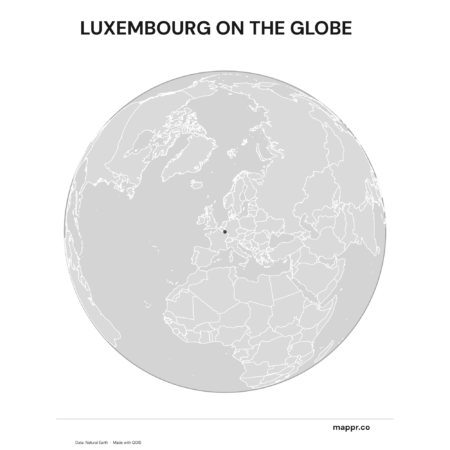 A map highlighting Luxembourg's location on a globe, marked with a red outline (black and white).