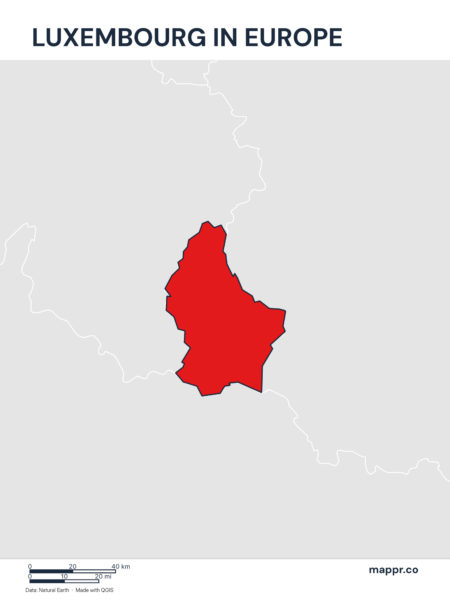 A map highlighting Luxembourg's location on the european continent.