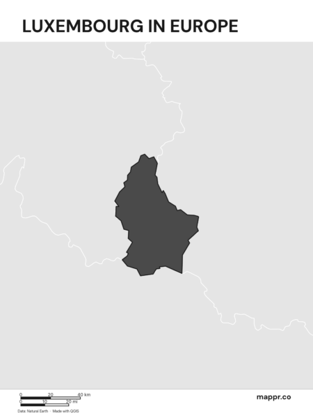 A map highlighting Luxembourg's location on the european continent (black and white).