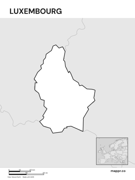 Outline map of Luxembourg with detailed country borders (black and white).