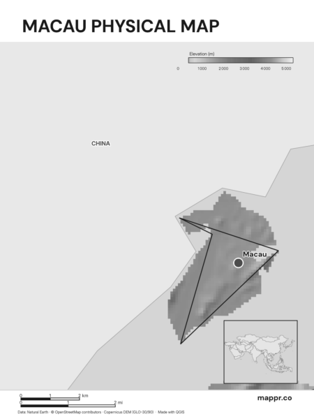 Map featuring Macau, the capital of Macau, with rich topographical detail (black and white).