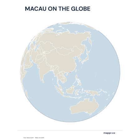 A map highlighting Macau's location on a globe, marked with a red outline.