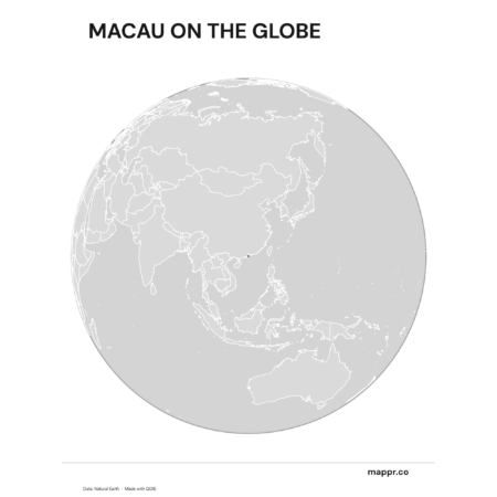 A map highlighting Macau's location on a globe, marked with a red outline (black and white).