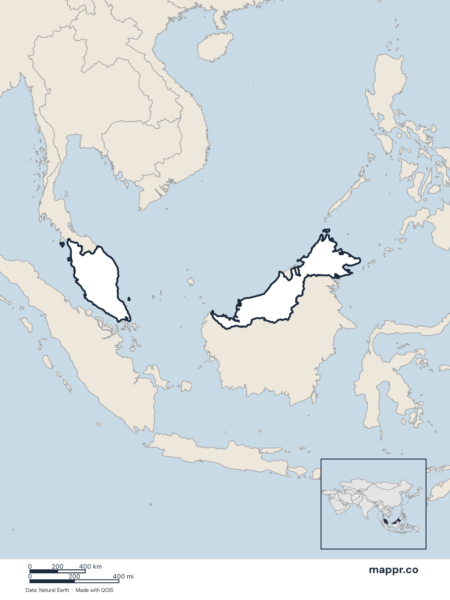 Blank political map of Malaysia showing its international borders without labels.