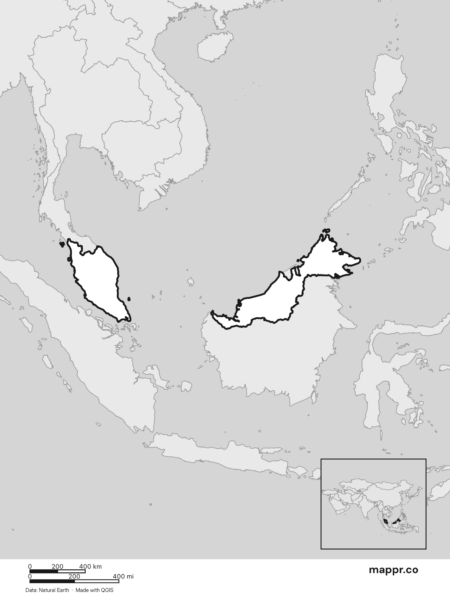 Blank political map of Malaysia showing its international borders without labels (black and white).
