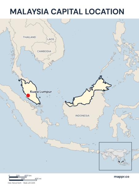 Detailed map pinpointing Kuala Lumpur, the capital of Malaysia.