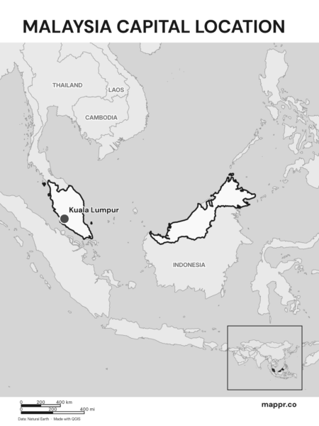 Detailed map pinpointing Kuala Lumpur, the capital of Malaysia (black and white).