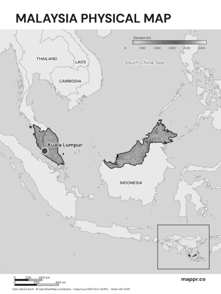 Map featuring Kuala Lumpur, the capital of Malaysia, with rich topographical detail (black and white).