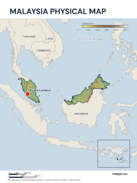 Map featuring Kuala Lumpur, the capital of Malaysia, with rich topographical detail.