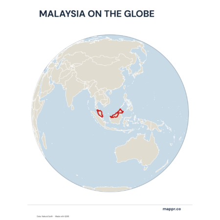 A map highlighting Malaysia's location on a globe, marked with a red outline.