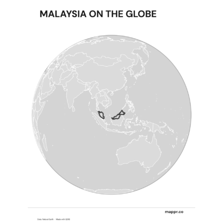 A map highlighting Malaysia's location on a globe, marked with a red outline (black and white).