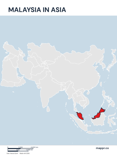 A map highlighting Malaysia's location on the asian continent.