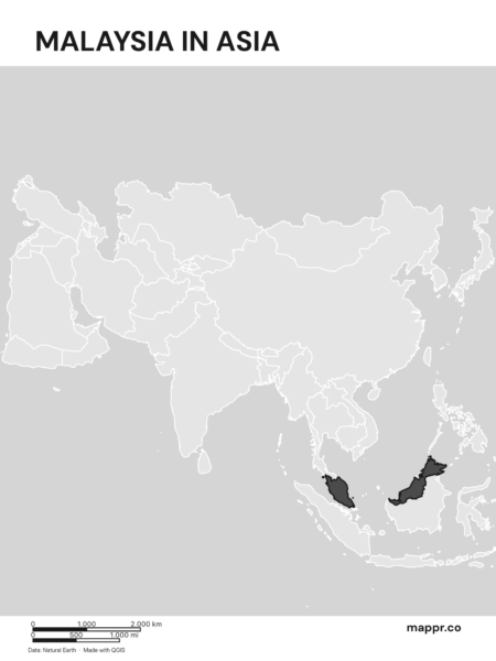 A map highlighting Malaysia's location on the asian continent (black and white).