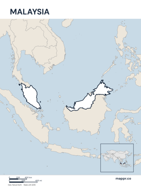 Outline map of Malaysia with detailed country borders.