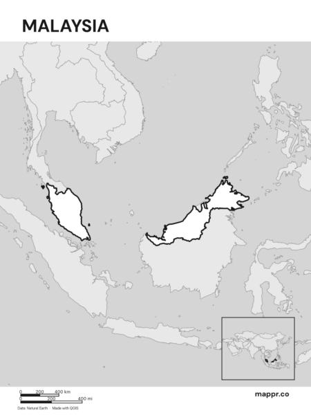 Outline map of Malaysia with detailed country borders (black and white).