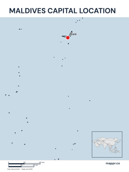 Detailed map pinpointing Malé, the capital of Maldives.