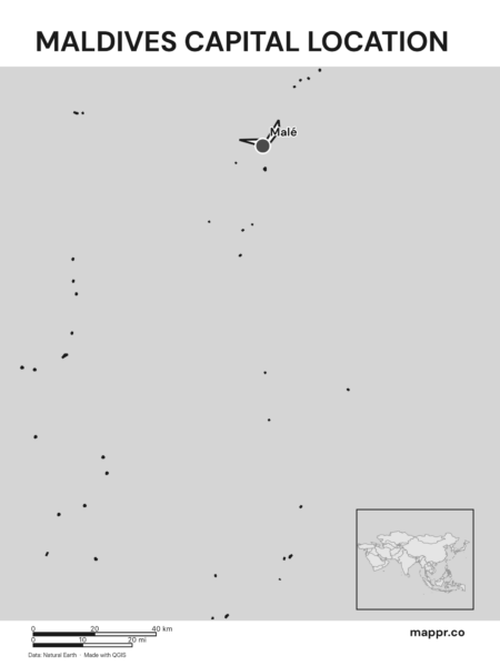 Detailed map pinpointing Malé, the capital of Maldives (black and white).