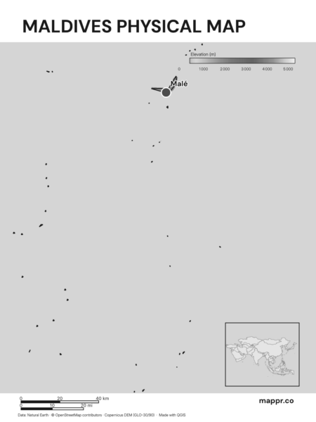 Map featuring Malé, the capital of Maldives, with rich topographical detail (black and white).