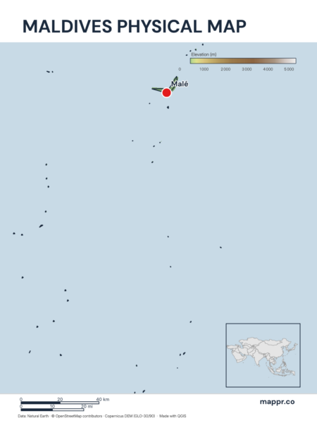 Map featuring Malé, the capital of Maldives, with rich topographical detail.