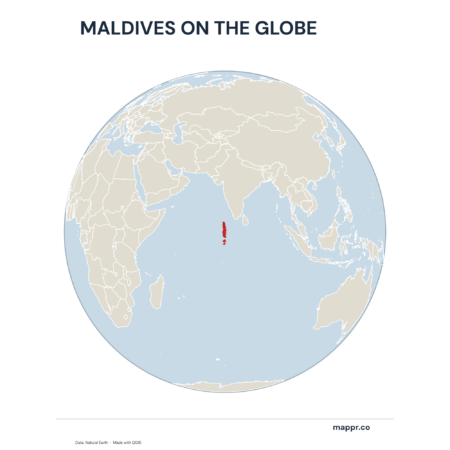 A map highlighting Maldives's location on a globe, marked with a red outline.