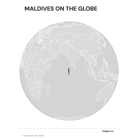 A map highlighting Maldives's location on a globe, marked with a red outline (black and white).
