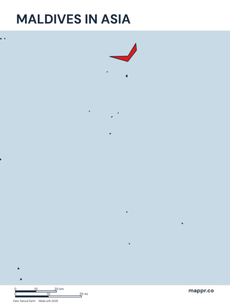 A map highlighting Maldives's location on the asian continent.