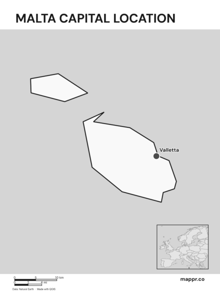 Detailed map pinpointing Valletta, the capital of Malta (black and white).