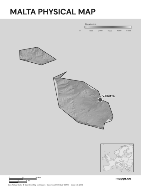Map featuring Valletta, the capital of Malta, with rich topographical detail (black and white).