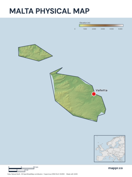 Map featuring Valletta, the capital of Malta, with rich topographical detail.