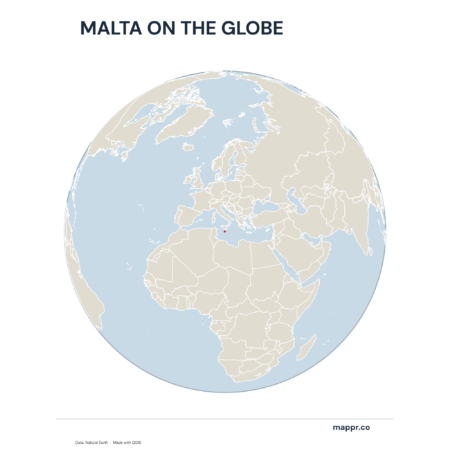 A map highlighting Malta's location on a globe, marked with a red outline.