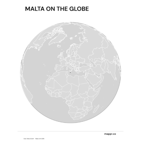 A map highlighting Malta's location on a globe, marked with a red outline (black and white).