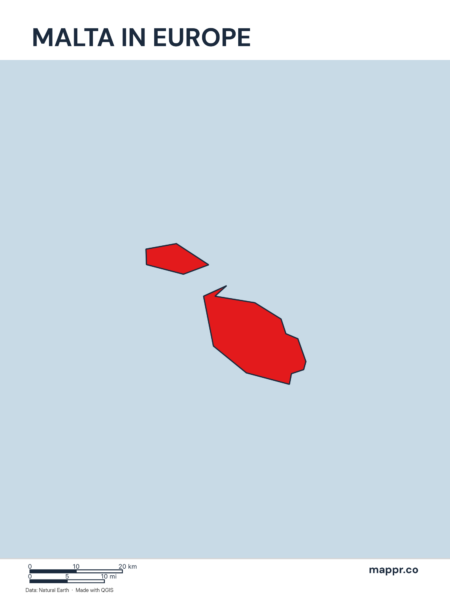 A map highlighting Malta's location on the european continent.