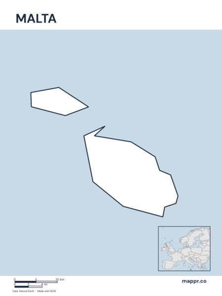 Outline map of Malta with detailed country borders.