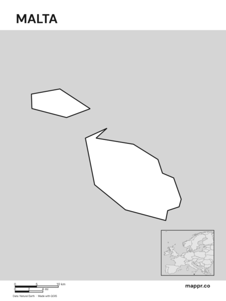 Outline map of Malta with detailed country borders (black and white).